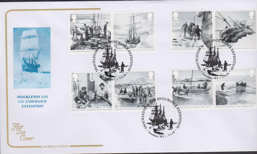 2016 - Shackleton Expedition Cotswold First Day Cover -" Portrait" London SW7 Postmark